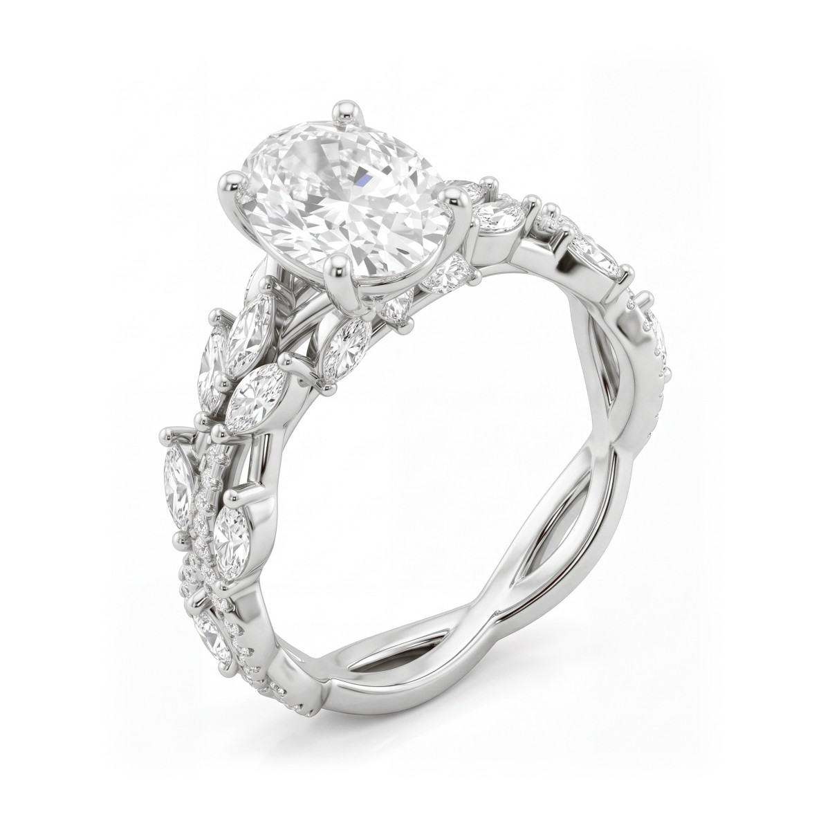Wisteria - Moissanit-Ring Oval mit gewundener Weinranken-Ringschiene