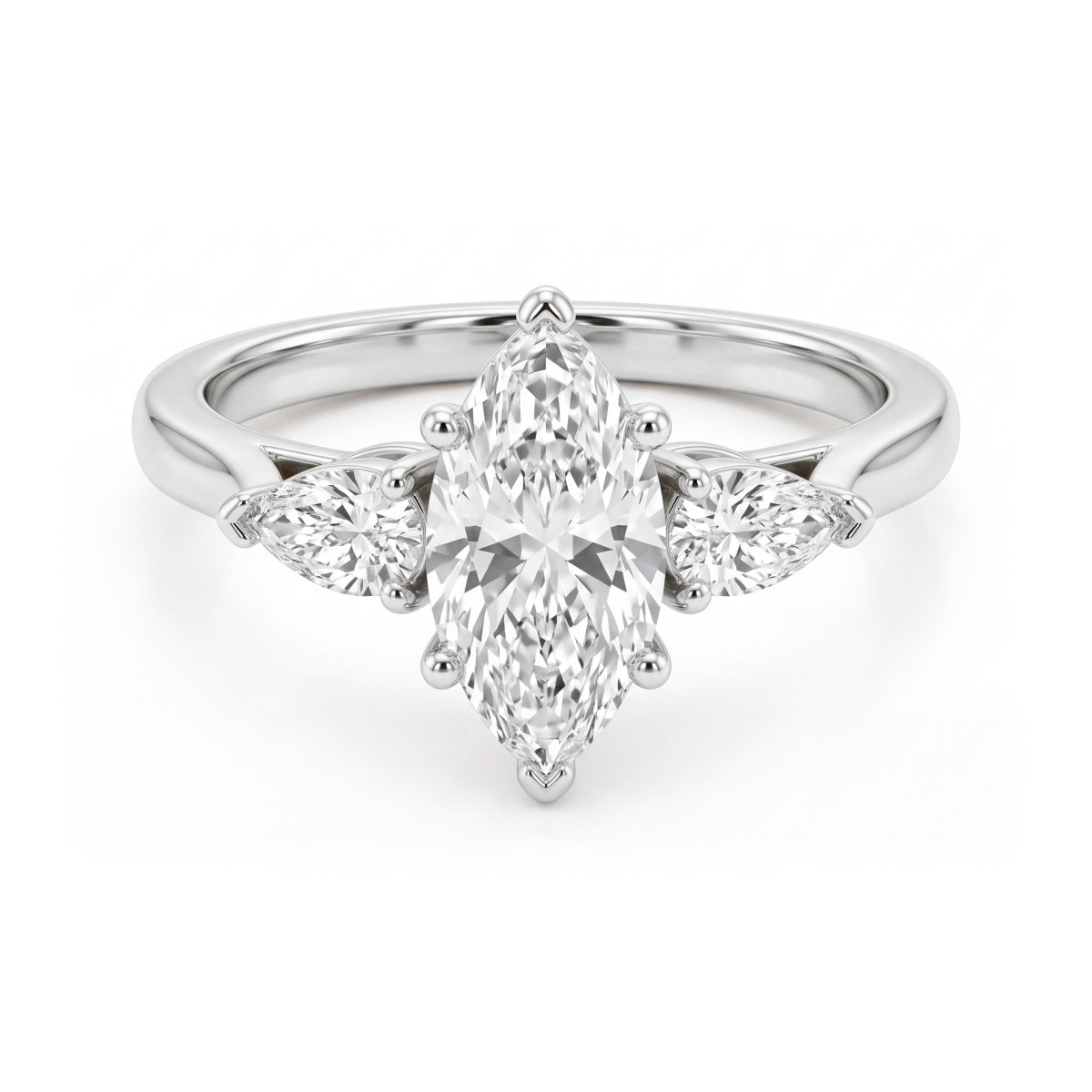 Navette - Drei-Stein-Verlobungsring mit Marquise-Moissanit und nach außen gerichteten Tropfen-Seitensteinen
