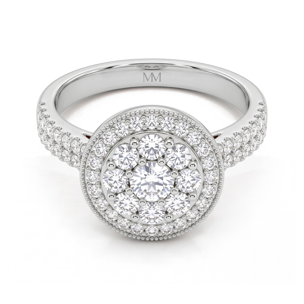 Corollina - Moissanit-Cluster-Ring Rund mit Halo und pavé-besetzten Ringschultern