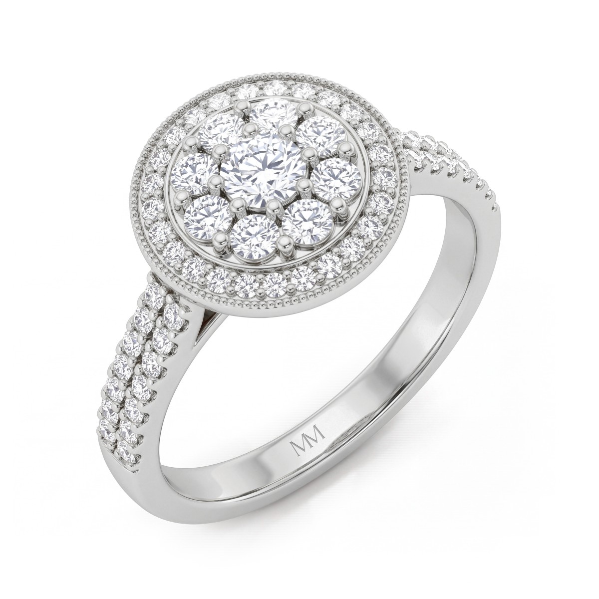 Corollina - Moissanit-Cluster-Ring Rund mit Halo und pavé-besetzten Ringschultern