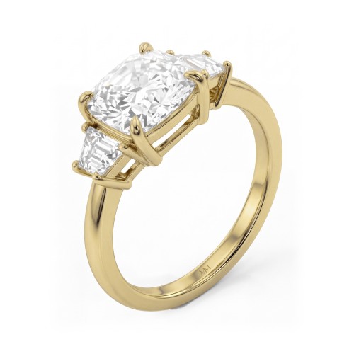 Trinity - Drei-Stein-Ring mit Cushion-Moissanit und Trapez-Seitensteinen