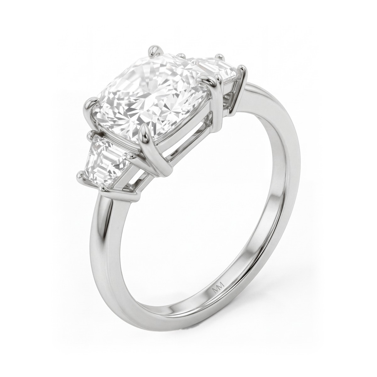 Trinity - Drei-Stein-Ring mit Cushion-Moissanit und Trapez-Seitensteinen