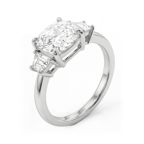 Trinity - Drei-Stein-Ring mit Cushion-Moissanit und Trapez-Seitensteinen