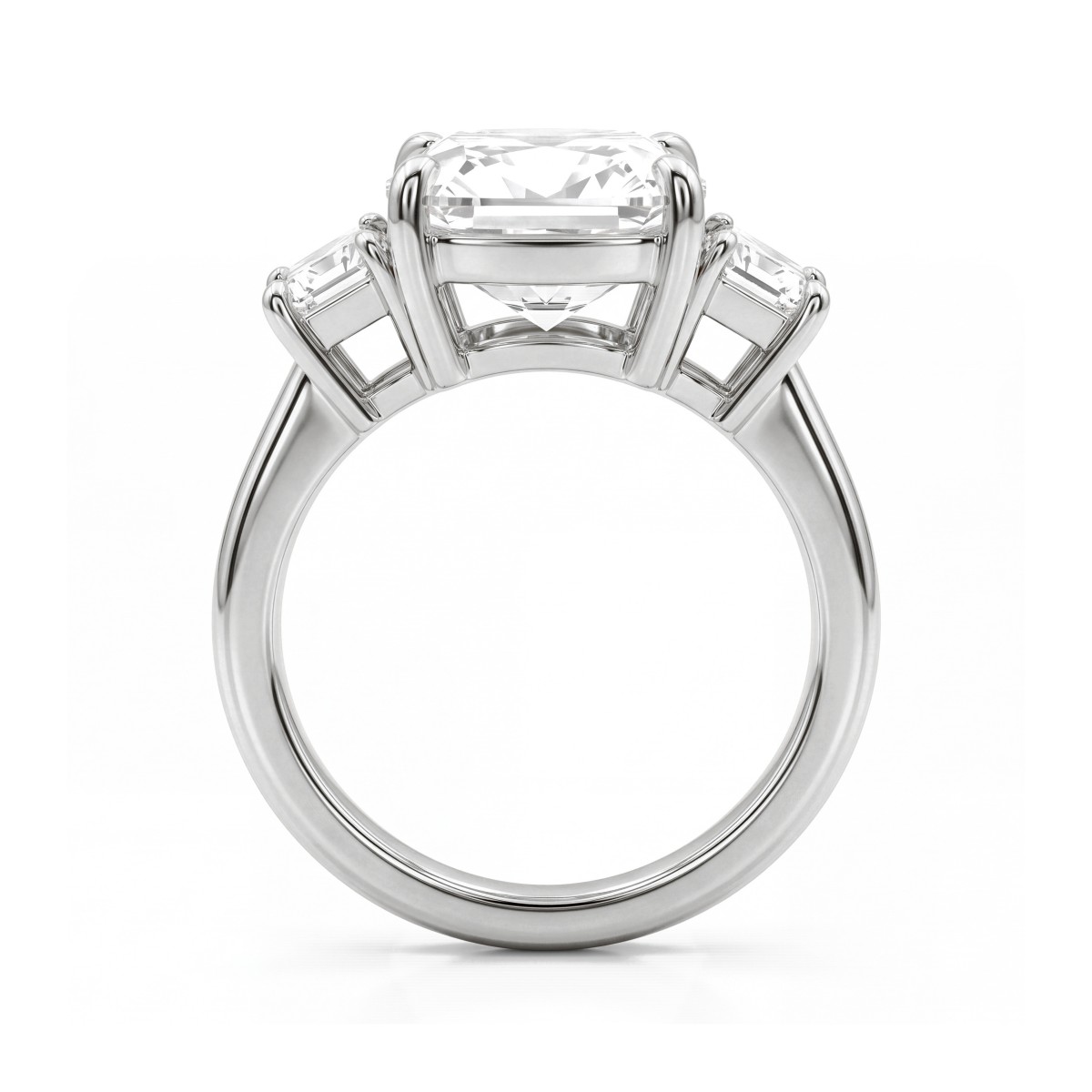 Trinity - Drei-Stein-Ring mit Cushion-Moissanit und Trapez-Seitensteinen