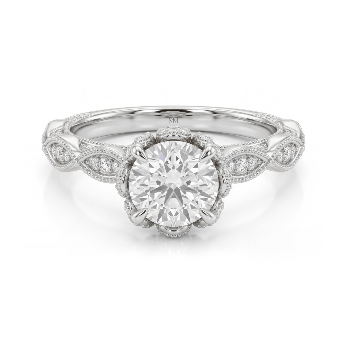Plume - Moissanit-Ring Rund im Vintage-Stil mit pavé-besetztem Lotus-Kragen