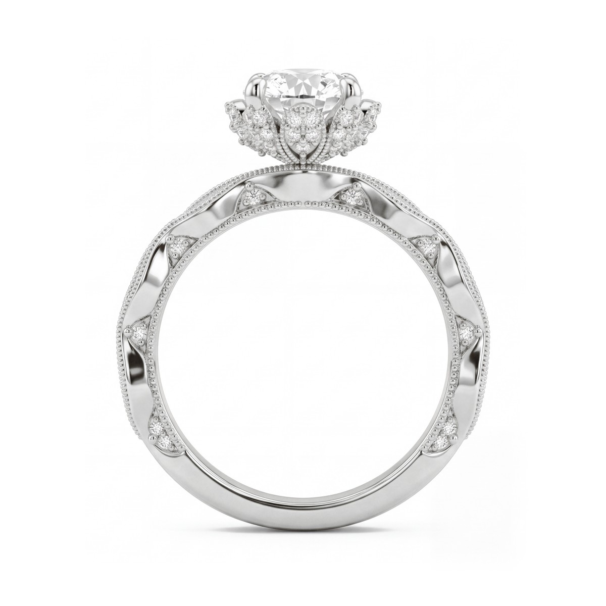 Plume - Moissanit-Ring Rund im Vintage-Stil mit pavé-besetztem Lotus-Kragen