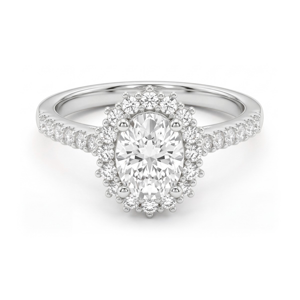 Soleil - Moissanit-Ring Oval mit Halo und pavé-besetzter Ringschiene