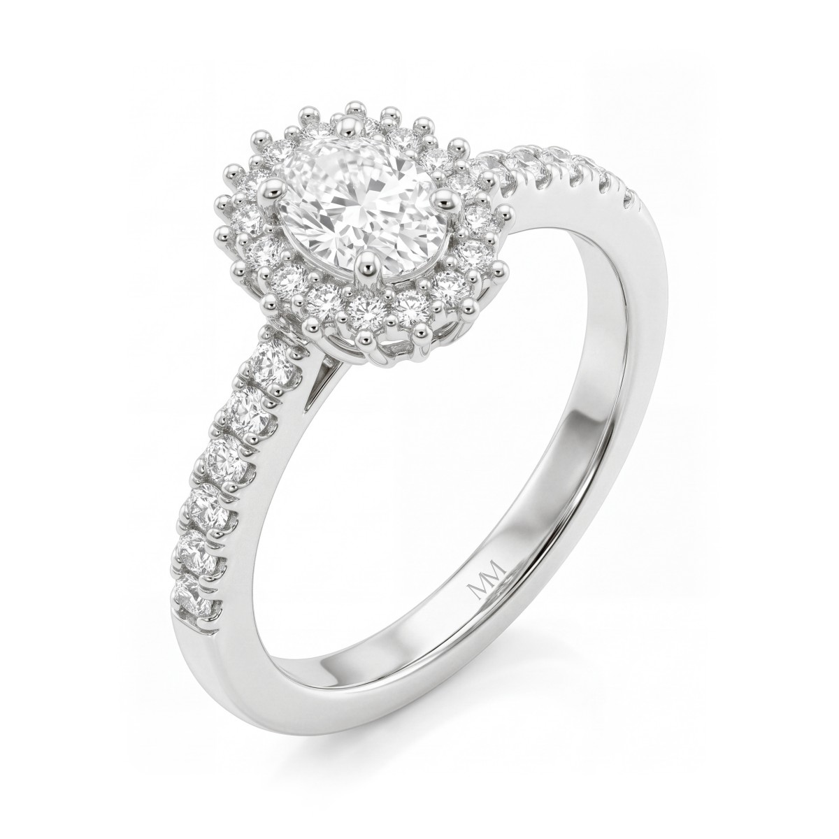 Soleil - Moissanit-Ring Oval mit Halo und pavé-besetzter Ringschiene