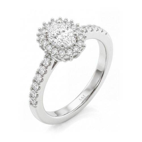 Soleil - Moissanit-Ring Oval mit Halo und pavé-besetzter Ringschiene