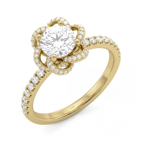 Camellia - Moissanit-Ring Rund mit pavé-besetzten, bandförmigen Blütenblättern