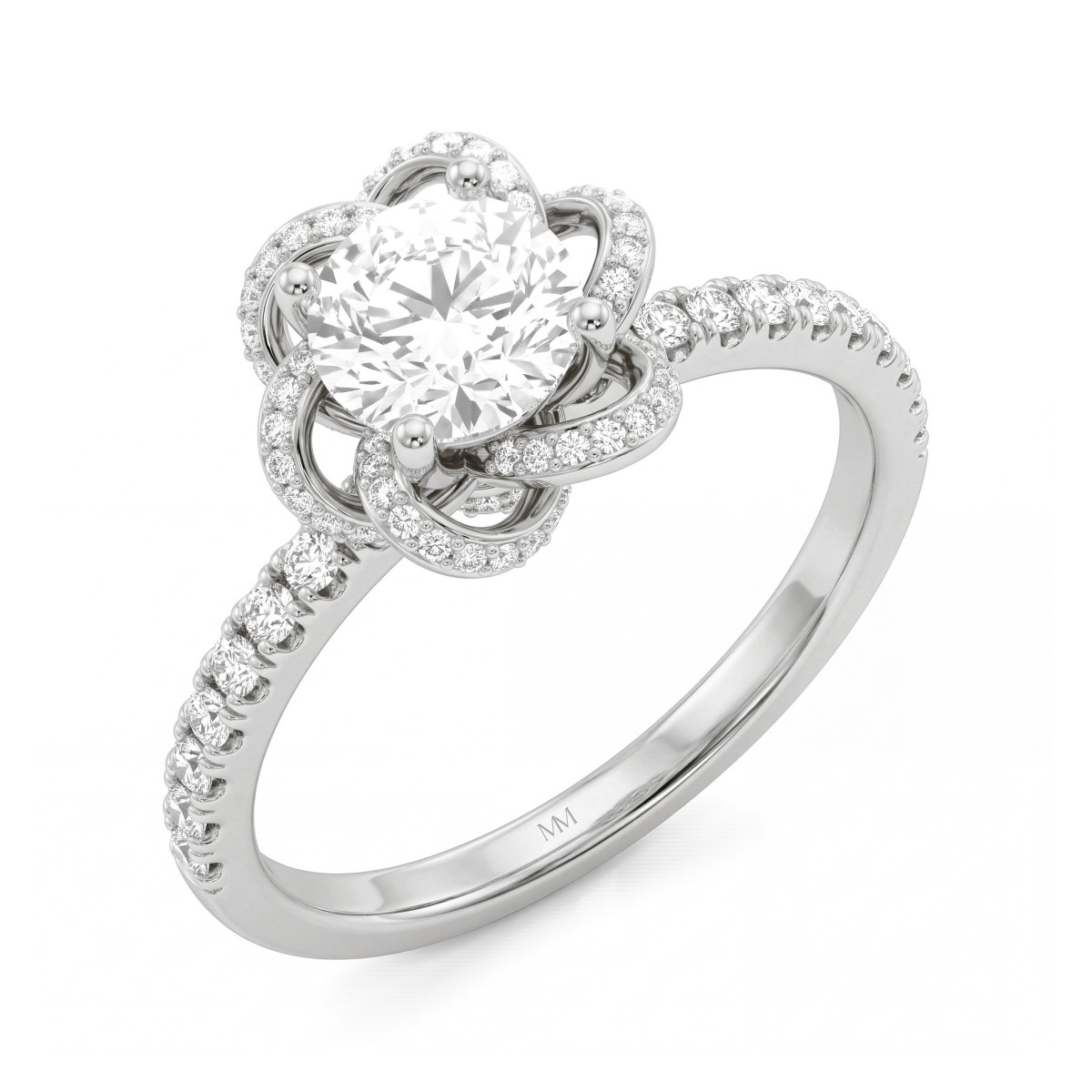Camellia - Moissanit-Ring Rund mit pavé-besetzten, bandförmigen Blütenblättern