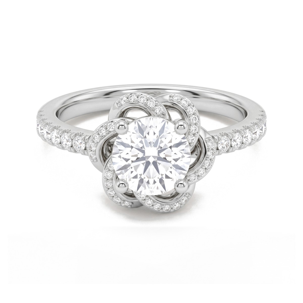 Camellia - Moissanit-Ring Rund mit pavé-besetzten, bandförmigen Blütenblättern