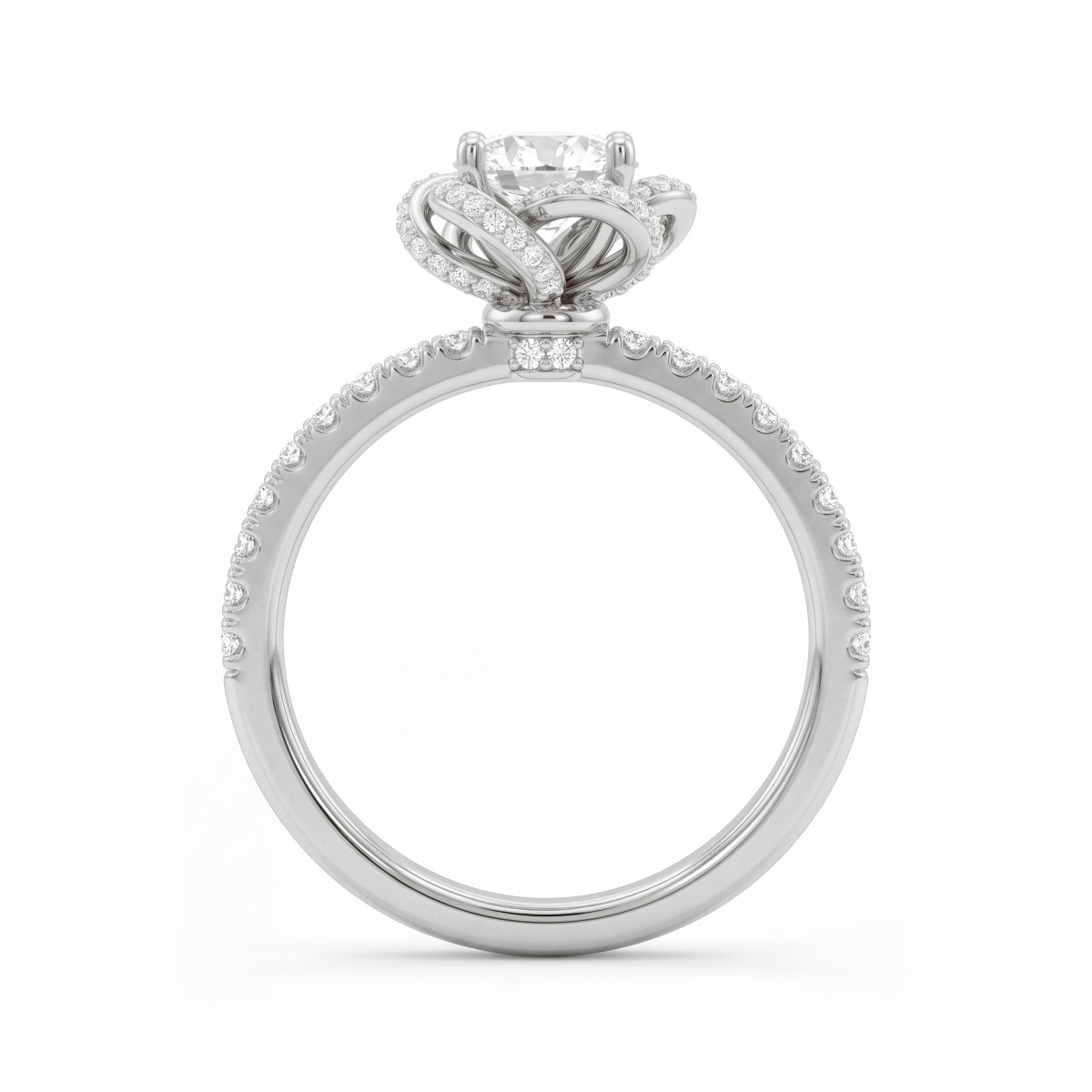 Camellia - Moissanit-Ring Rund mit pavé-besetzten, bandförmigen Blütenblättern