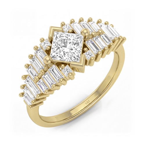 Princelle - Moissanit-Ring Princess Cut im Art-déco-Stil mit gestuften Baguette-Seitensteinen