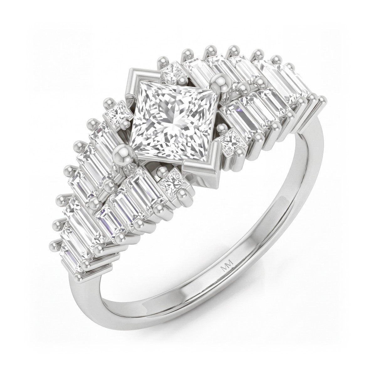 Princelle - Moissanit-Ring Princess Cut im Art-déco-Stil mit gestuften Baguette-Seitensteinen