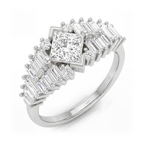 Princelle - Moissanit-Ring Princess Cut im Art-déco-Stil mit gestuften Baguette-Seitensteinen