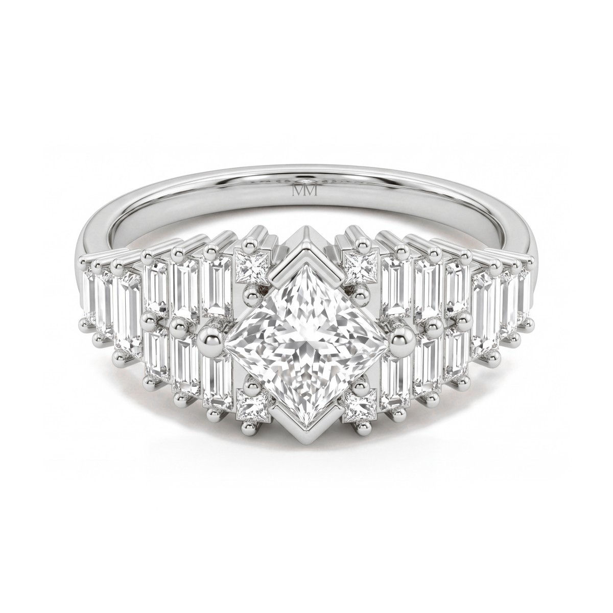 Princelle - Moissanit-Ring Princess Cut im Art-déco-Stil mit gestuften Baguette-Seitensteinen