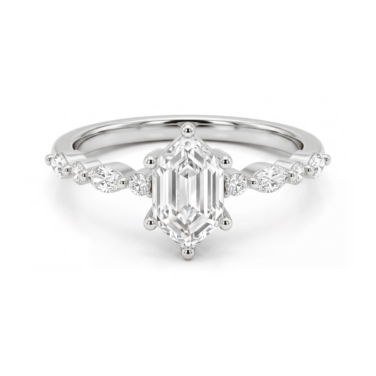 Prisma - Moissanit-Verlobungsring Elongated Hexagon mit Marquise-Seitensteinen und runden Seitensteinen