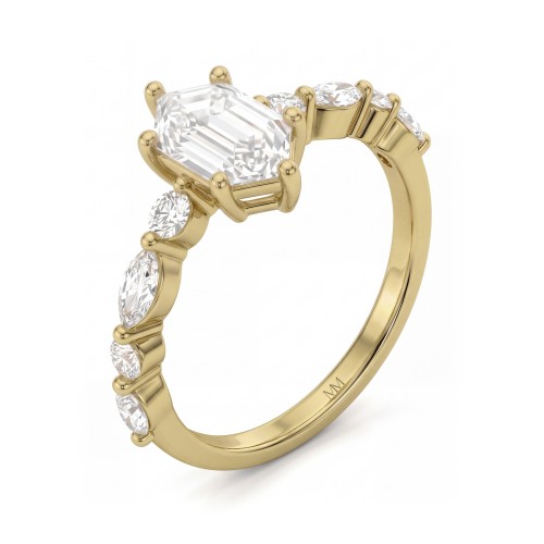 Prisma - Moissanit-Verlobungsring Elongated Hexagon mit Marquise-Seitensteinen und runden Seitensteinen