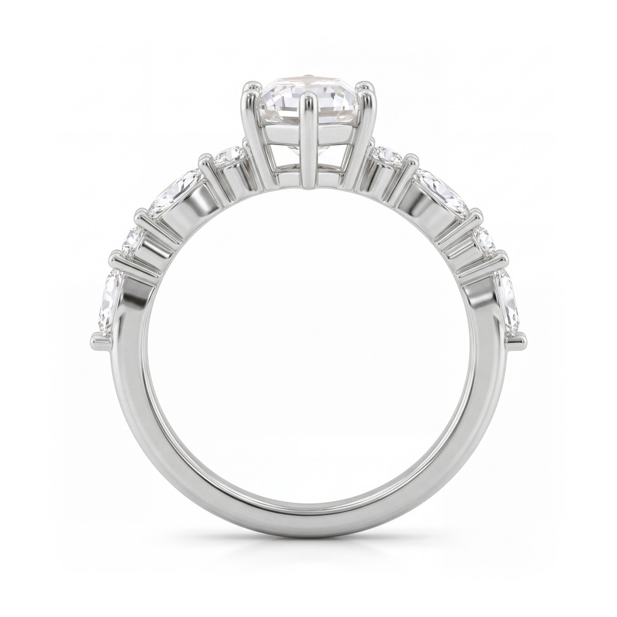 Prisma - Moissanit-Verlobungsring Elongated Hexagon mit Marquise-Seitensteinen und runden Seitensteinen