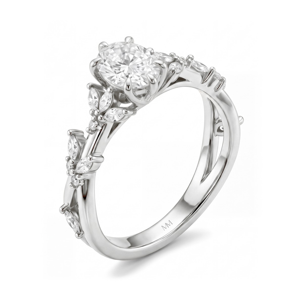 Sylvaine - Moissanit-Verlobungsring Oval mit Marquise-Blatt-Clustern und geteilter Ringschiene