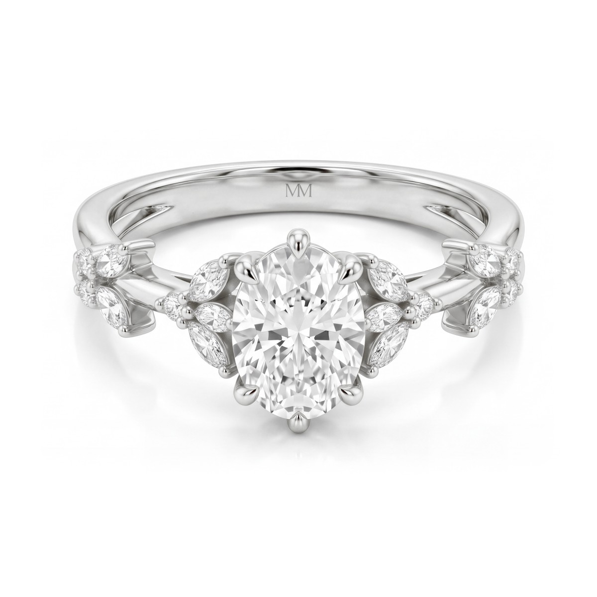 Sylvaine - Moissanit-Verlobungsring Oval mit Marquise-Blatt-Clustern und geteilter Ringschiene