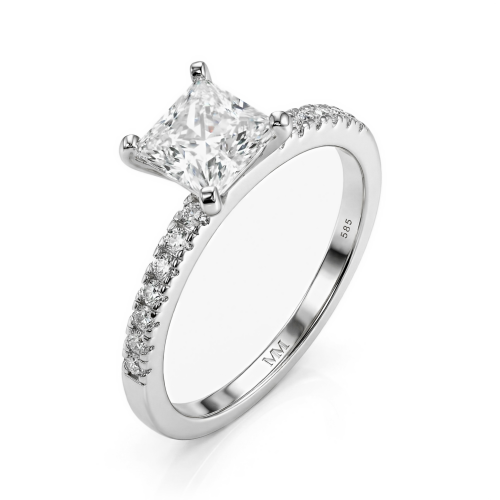 Celestia - Moissanit-Ring Princess Cut mit Seitensteinen in Pavé-Fassung