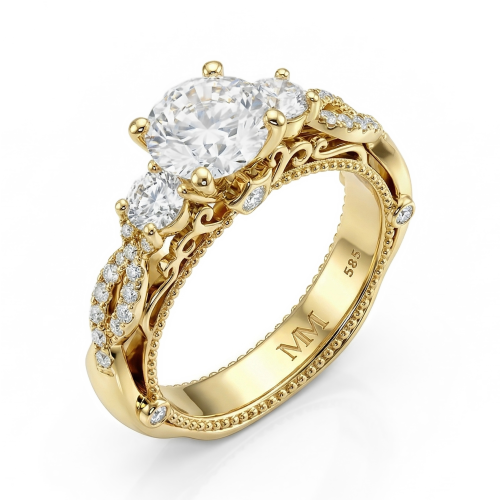 Circe - Moissanit-Verlobungsring im Vintage-Stil mit Seitensteinen und Filigranarbeit