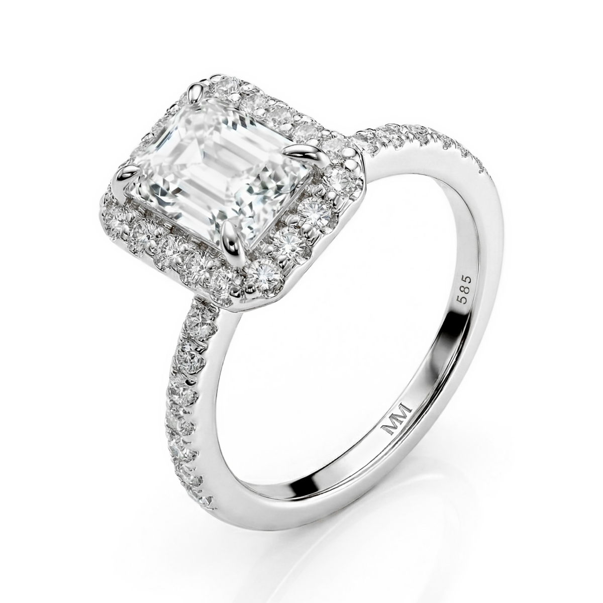 Esmeralda – Smaragdschliff Moissanit Ring im Halo-Design
