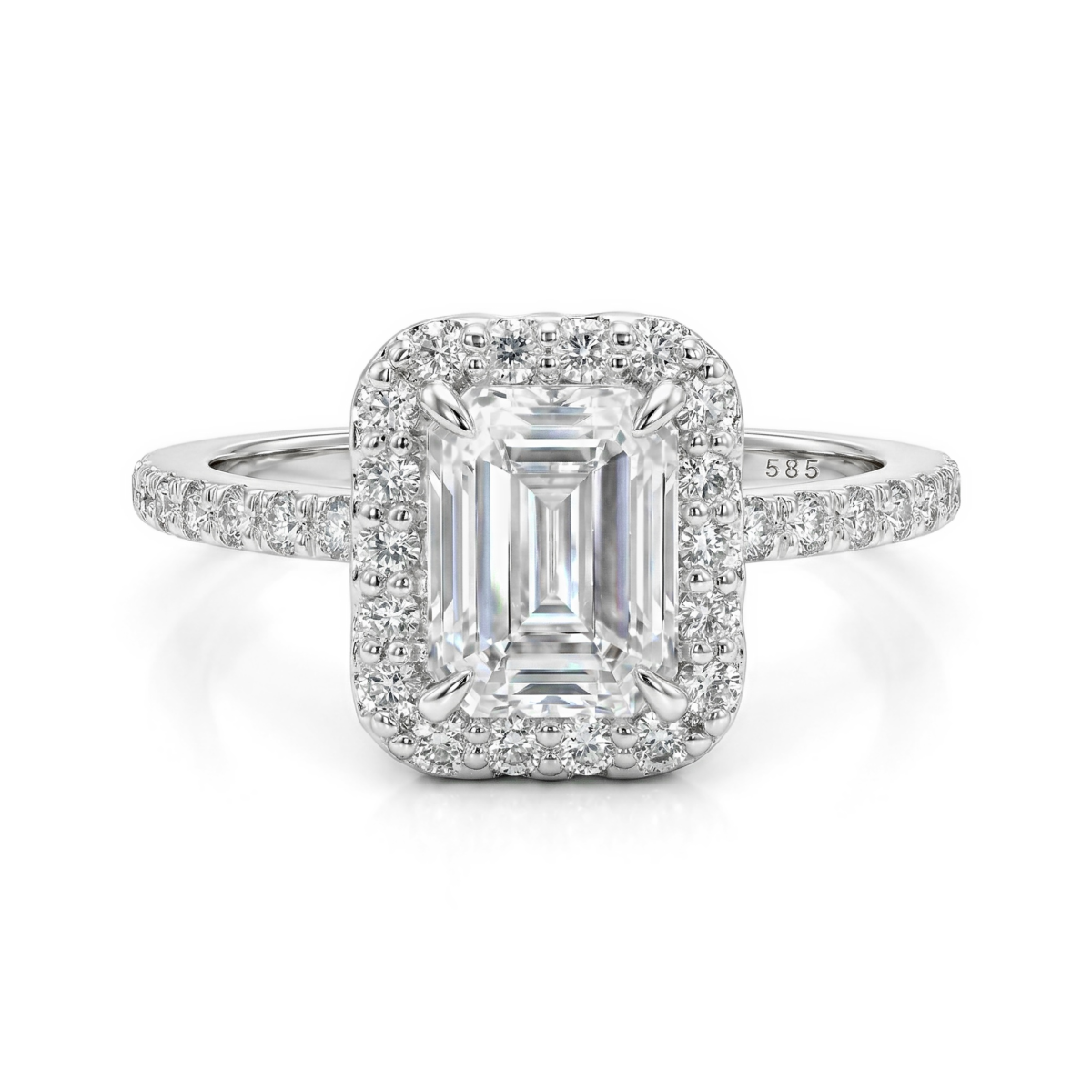 Esmeralda – Smaragdschliff Moissanit Ring im Halo-Design