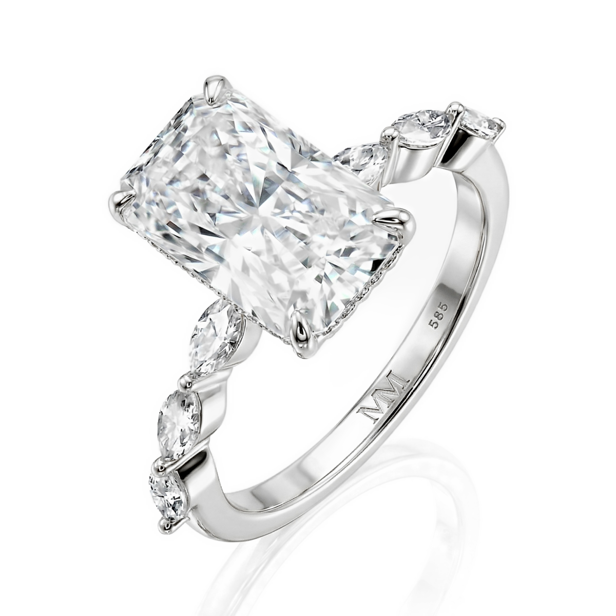 Luminaire - Radiant Cut Moissanit Ring Mit Marquise Seitensteinen Und Hidden Halo