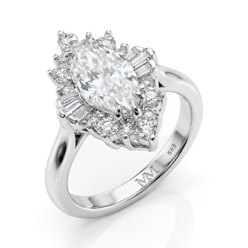 Crownique - Marquise-Schliff Moissanit Verlobungsring Mit Halo Und Baguette-Akzenten