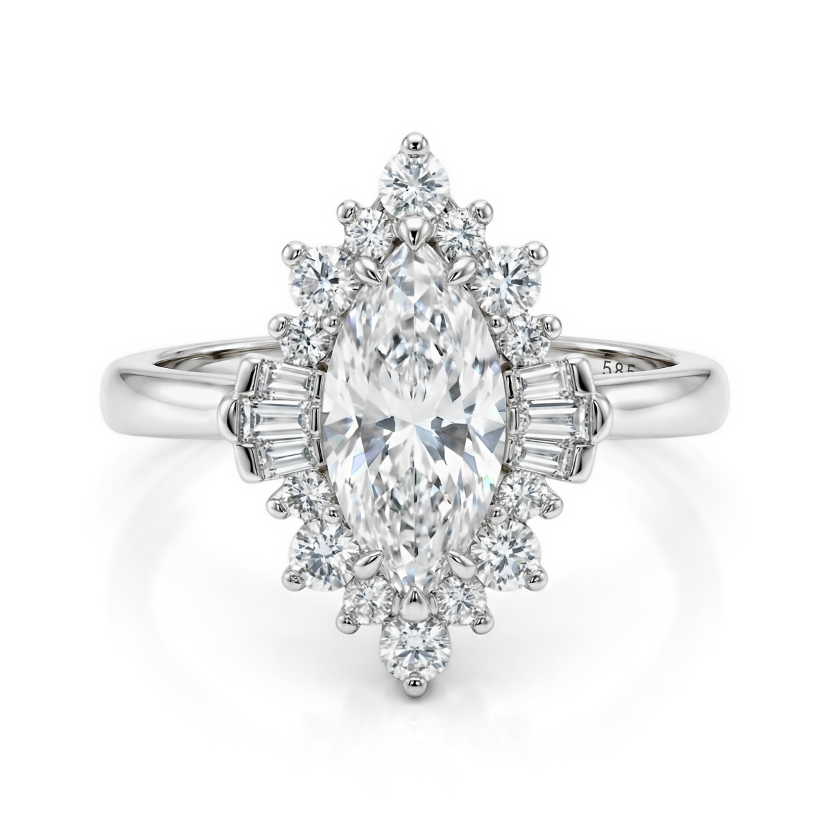 Crownique - Marquise Cut Moissanit Verlobungsring Mit Halo Und Baguette-Akzenten