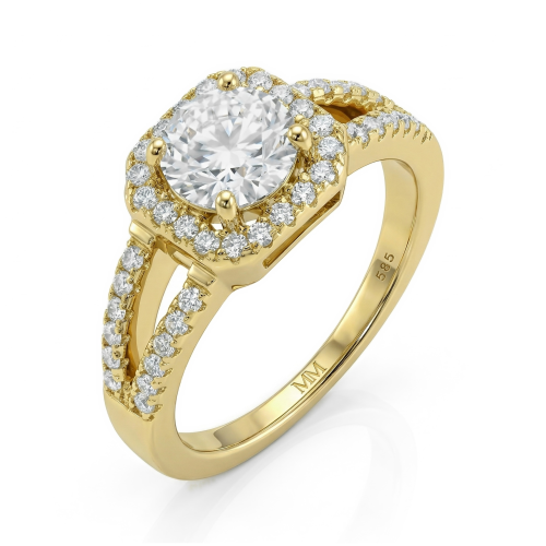 Evora – Moissanit-Ring mit Halo und geteilter Ringschiene