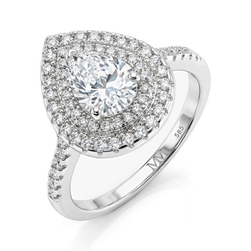 Athena - Tropfen Moissanit Verlobungsring mit Doppel-Halo und Pavé-Schaft