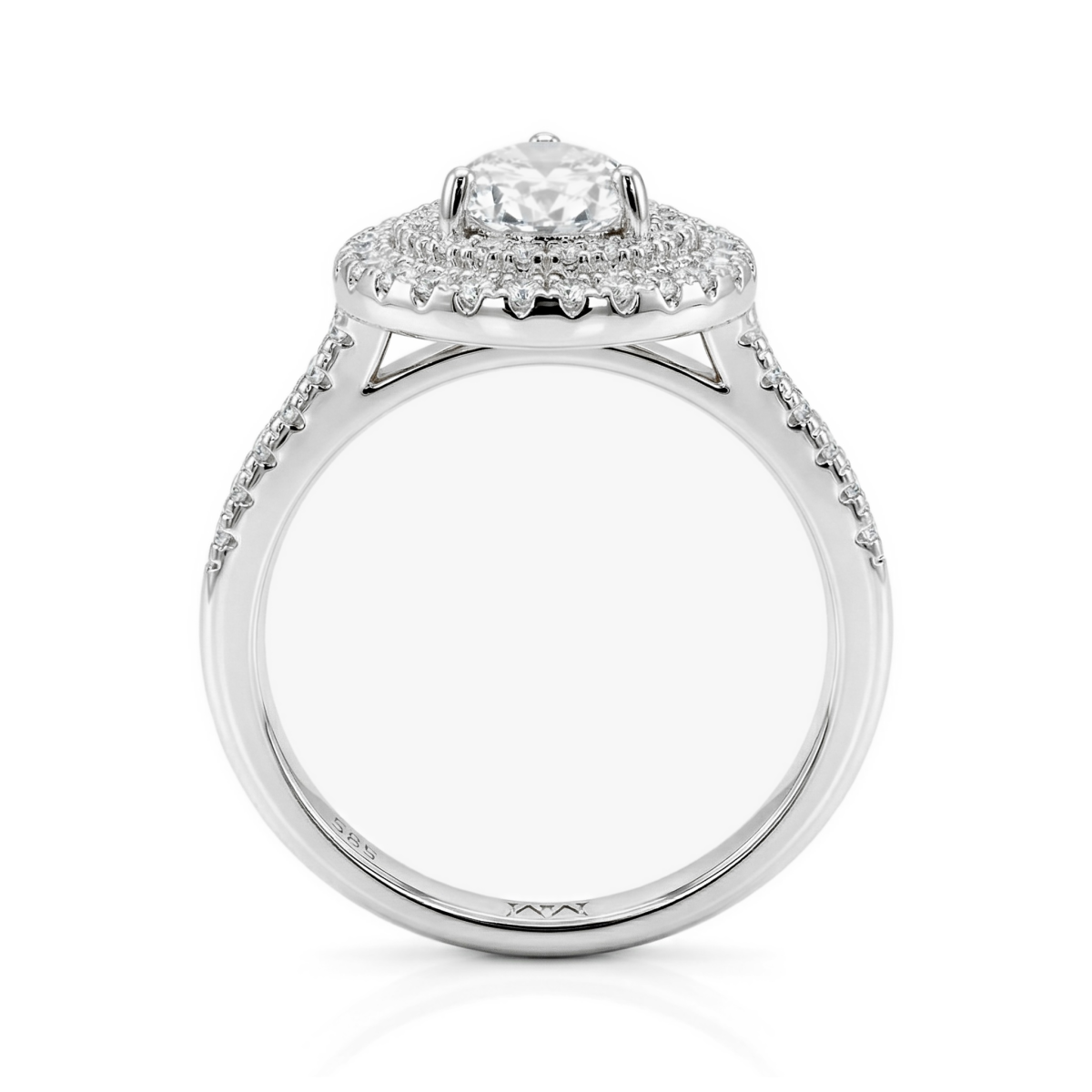 Athena - Tropfen Moissanit Verlobungsring mit Doppel-Halo und Pavé-Schaft