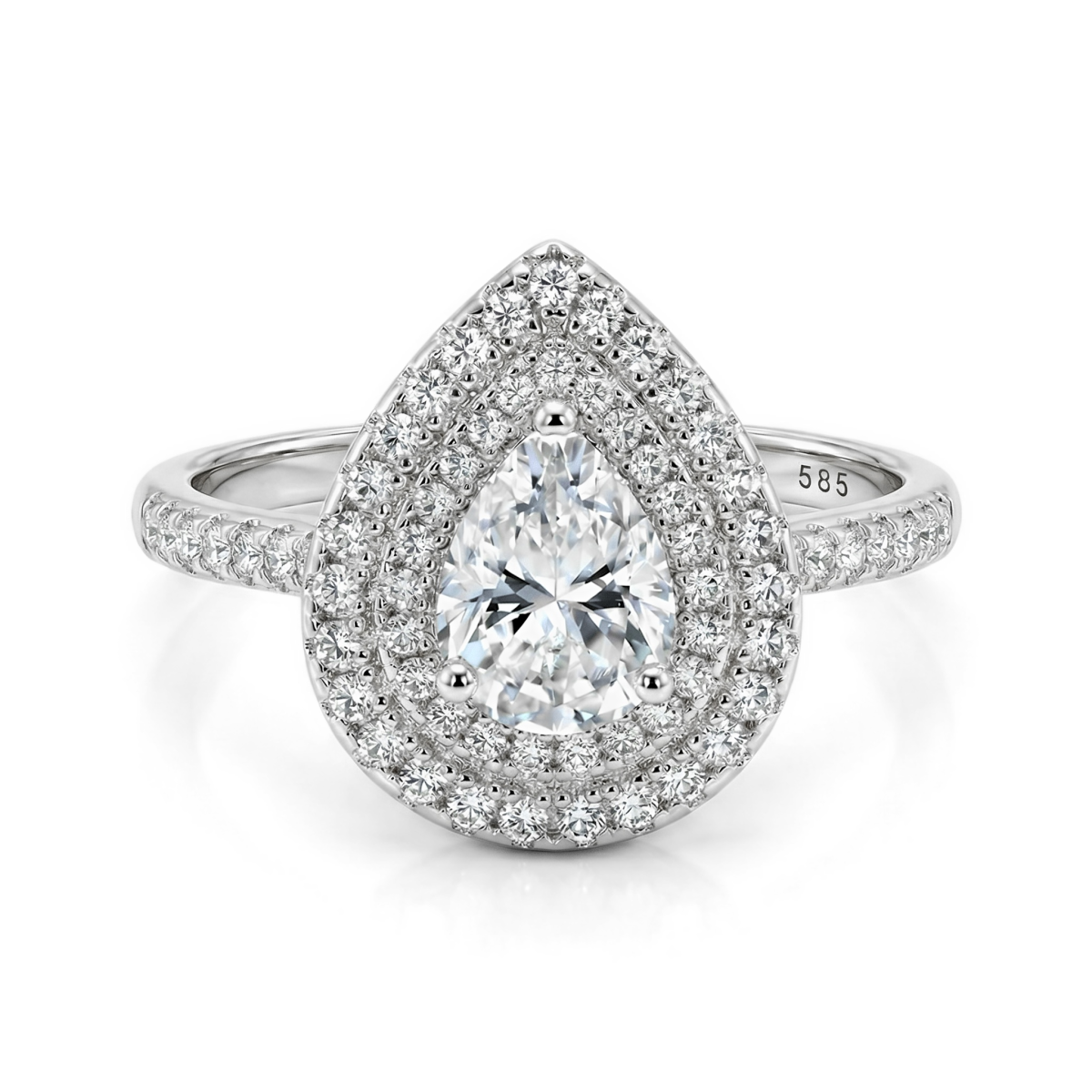 Athena - Tropfen Moissanit Verlobungsring mit Doppel-Halo und Pavé-Schaft