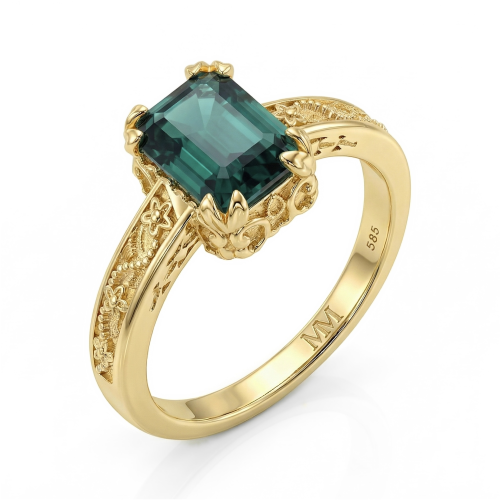 Verdisia - Moissanit-Verlobungsring Emerald Cut im Vintage-Stil mit grünem Stein und floralen Motiven