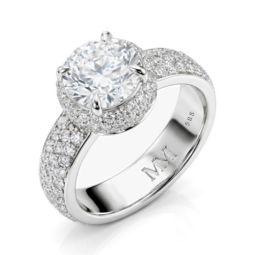 Lustrella - Moissanit-Verlobungsring mit Halo und pavé-besetzter Ringschiene