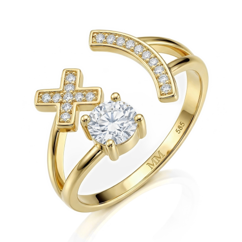 Lexis - Moissanit-Ring mit Kreuz- und Mondsichel-Motiv in Pavé-Fassung
