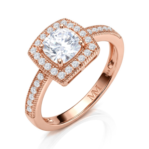 Sanctum - Kissen-Schliff Moissanit Verlobungsring Mit Vintage-Halo und Pavé-Band
