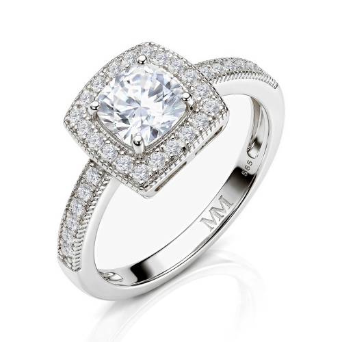 Sanctum - Kissen-Schliff Moissanit Verlobungsring Mit Vintage-Halo und Pavé-Band