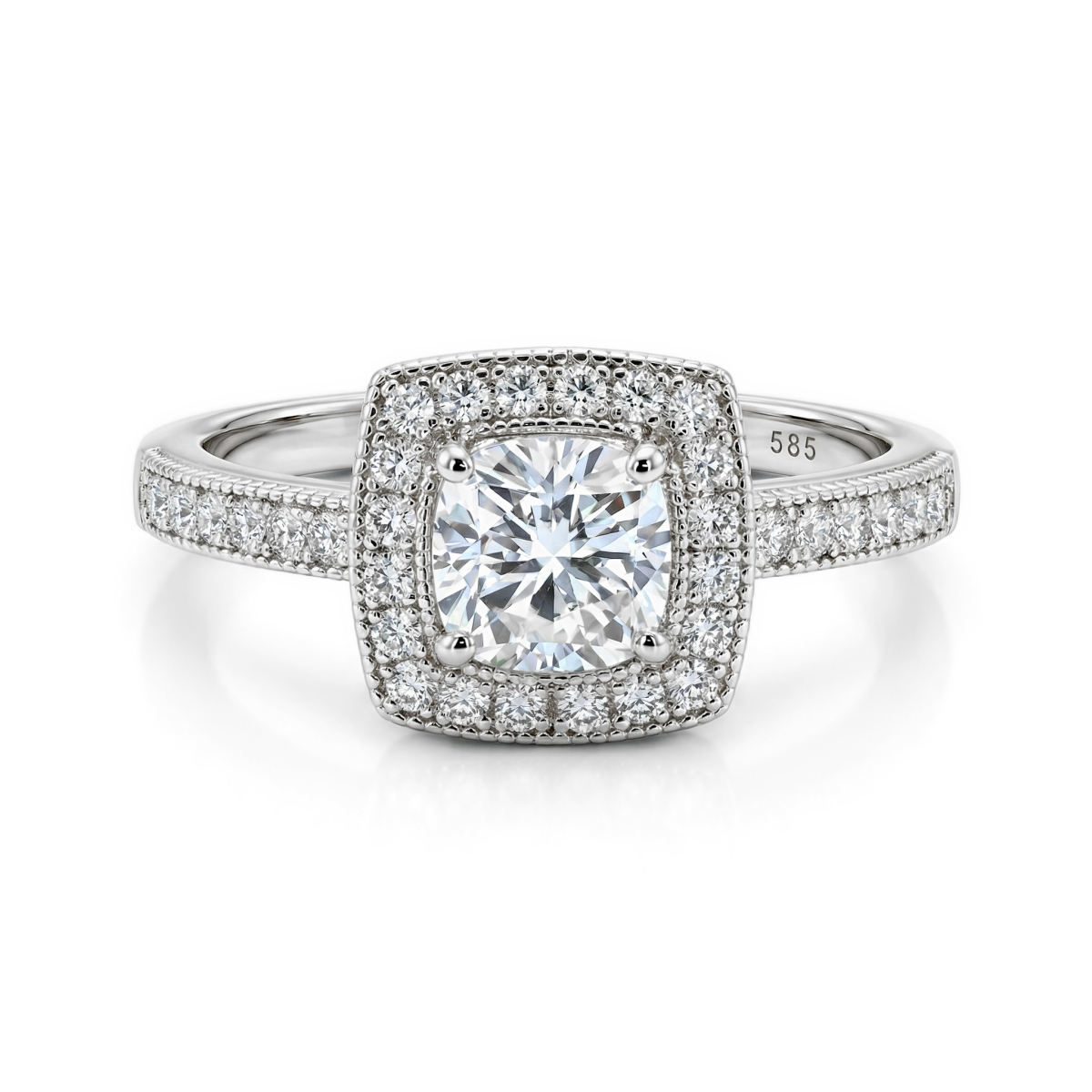 Sanctum - Kissen-Schliff Moissanit Verlobungsring Mit Vintage-Halo und Pavé-Band