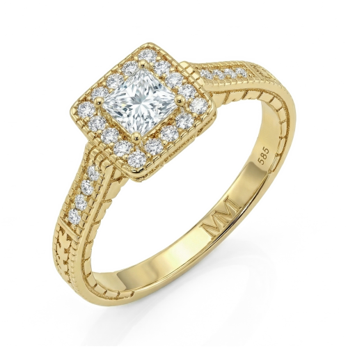 Paragone - Moissanit-Verlobungsring Princess Cut mit Halo und strukturierter Ringschiene