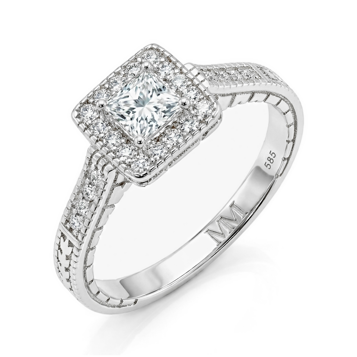 Paragone - Prinzess Schliff Moissanit Halo Verlobungsring Mit Texturiertem Band