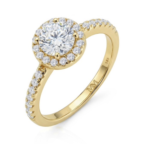 Dynara - Moissanit-Verlobungsring mit Halo und Pavé-Besatz an der Ringschiene