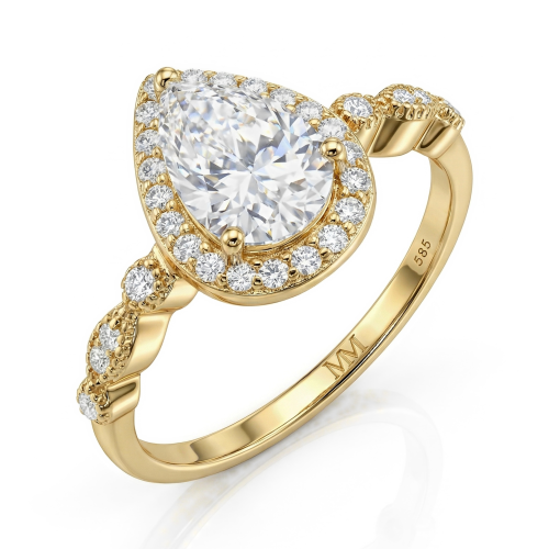 Elanore - Moissanit-Verlobungsring Tropfen mit Halo und gewundener, pavé-besetzter Ringschiene