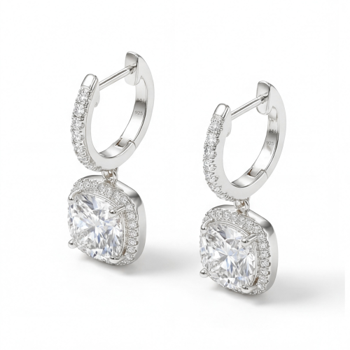 Cushion Drops - Kissenschliff Moissanit Halo & Huggie Tropfenohrringe