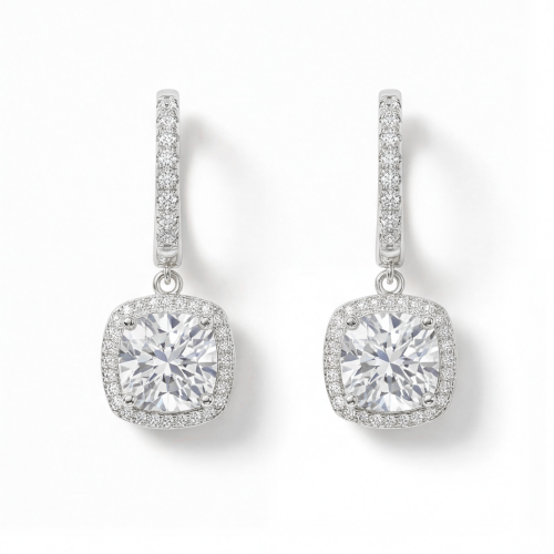 Cushion Drops - Kissenschliff Moissanit Halo & Huggie Tropfenohrringe