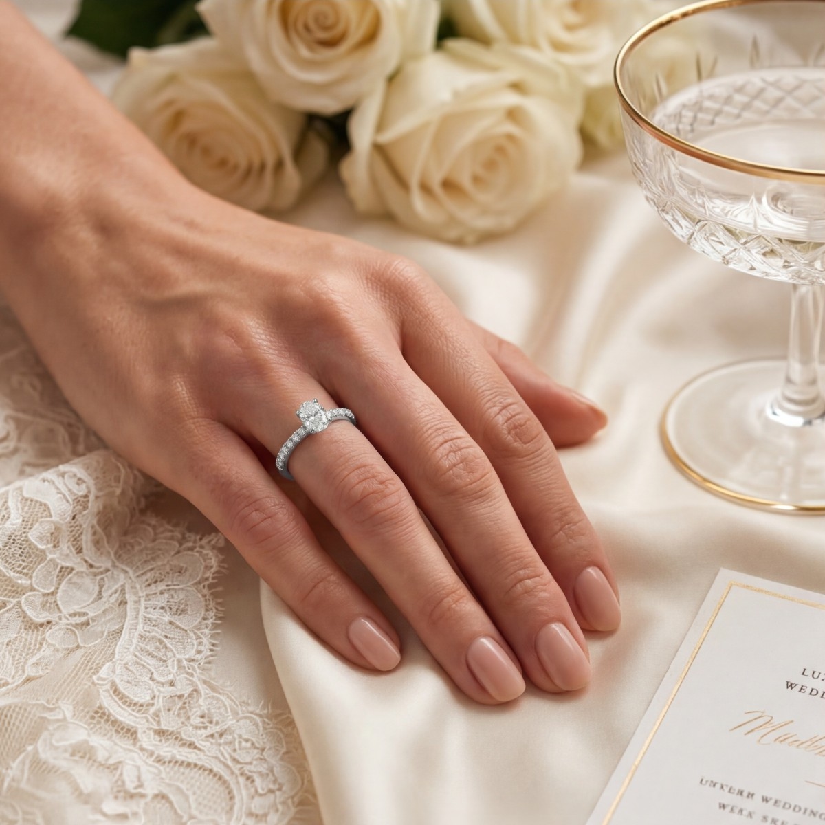 Nina - Ovalschliff Moissanit Ring mit Pavé-Seitensteinen
